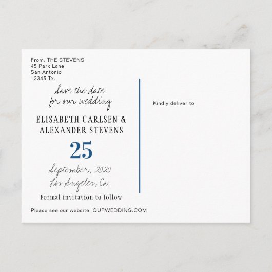 Klassieke blauwe retro typografie bruiloft save da aankondigingskaart (Achterkant)