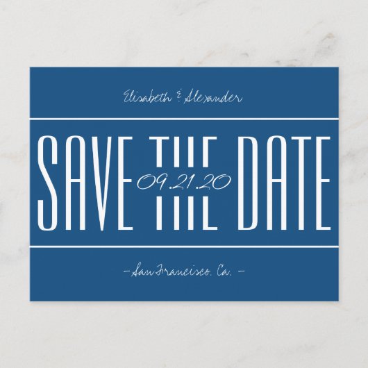 Klassieke blauwe retro typografie bruiloft save da aankondigingskaart (Voorkant)