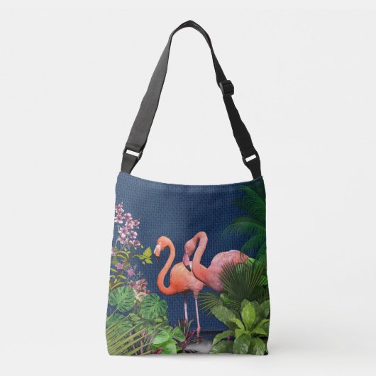 Klassieke blauwe roze flamingos Green Leaves Crossbody Tas (Voorkant)