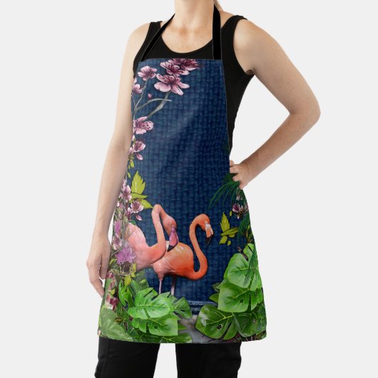 Klassieke blauwe roze flamingos Green Leaves Schort (Insitu)