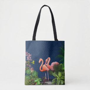 Klassieke blauwe roze flamingos Green Leaves Tote Bag