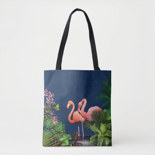 Klassieke blauwe roze flamingos Green Leaves Tote Bag (Voorkant)