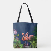 Klassieke blauwe roze flamingos Green Leaves Tote Bag (Achterkant)