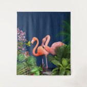 Klassieke blauwe roze flamingos Green Leaves Wandkleed (Voorkant)