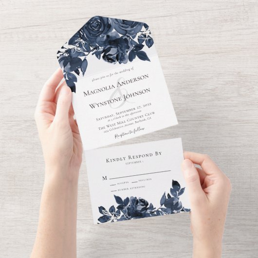 Klassieke blauwe Rozen bruiloft All In One Uitnodiging (Afscheurbaar)