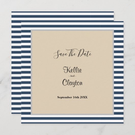 Klassieke blauwe strepes omhuld huwelijk save the date (Voorkant / Achterkant)