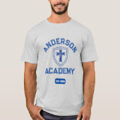 Klassieke blauwe tekst kruis en schild Homeschool T-shirt (Voorkant)