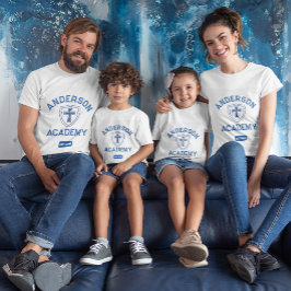 Klassieke blauwe tekst kruis en schild Homeschool T-shirt