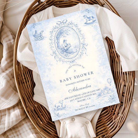 Klassieke Blauwe Toile Baby Shower Kaart