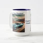 Klassieke blauwe Trans Am stijl auto Tweekleurige Koffiemok (Voorkant links)