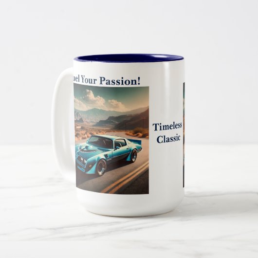 Klassieke blauwe Trans Am stijl auto Tweekleurige Koffiemok (Voorkant links)