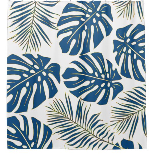 Klassieke blauwe tropische bladeren met gouden omt douchegordijn (Voorkant)