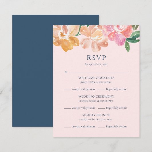 Klassieke blauwe Waterverf Vloeiend multi-event hu RSVP Kaartje (Voorkant / Achterkant)