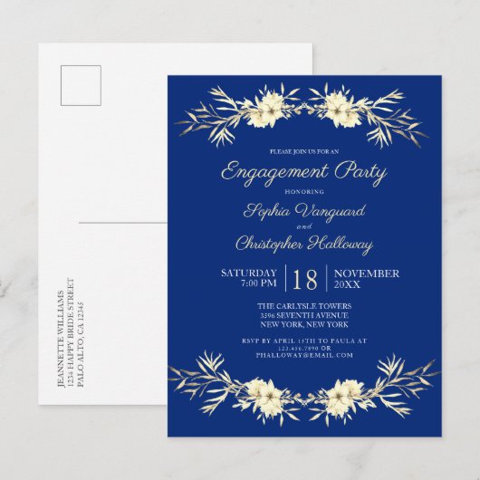 Klassieke Blauwe Winter Floral Engagement Party In Uitnodiging Briefkaart (Voorkant / Achterkant)