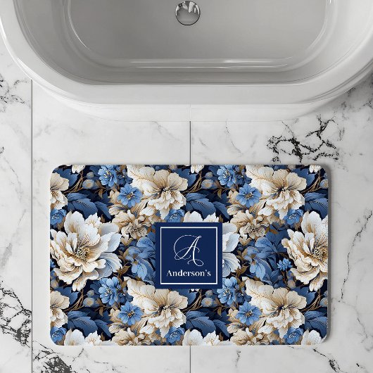 Klassieke Blauwe Witte Bloemen Aangepaste Naam Bad Badmat