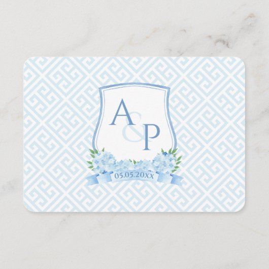 Klassieke Blauwe Witte Bruiloft Crest Maaltijd Keu Informatiekaartje (Achterkant)