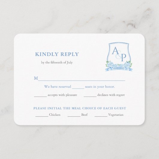 Klassieke Blauwe Witte Bruiloft Crest Maaltijd Keu Informatiekaartje (Voorkant)