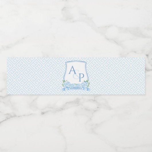 Klassieke Blauwe Witte Hydrangea Bruiloft Crest Pa Waterfles Etiket (Enkel label)