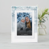 Klassieke Blauwe Witte Sneeuwvlok Seizoen Groet Fo Folie Feestdagenkaart (Staand Voorkant)