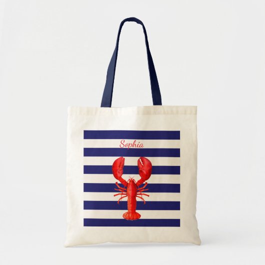 Klassieke blauwe witte strepen rode kreeftennaam tote bag (Voorkant)