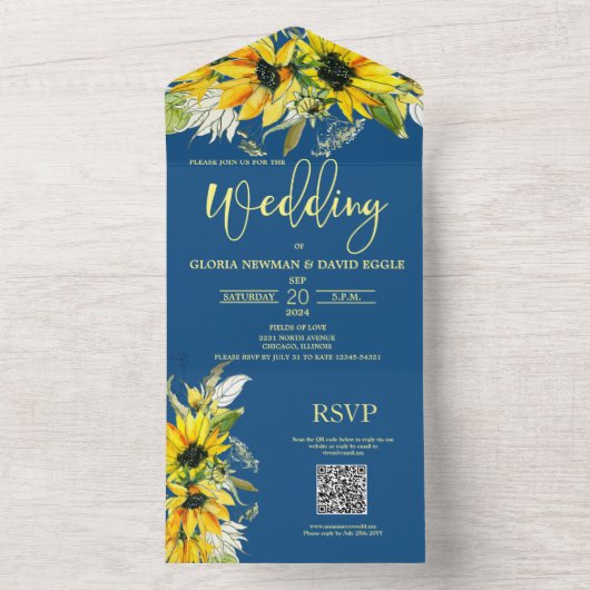 Klassieke blauwe zonnebloem QR-code All In One Uitnodiging (Binnen)