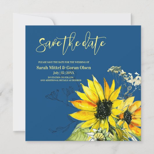 Klassieke blauwe zonnebloem sparen de datum save the date (Voorkant)