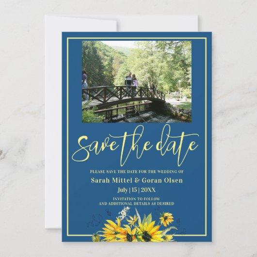 Klassieke Blauwe Zonnebloem Sparen de datum Uitnod Kaart (Voorkant)