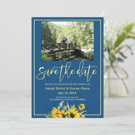 Klassieke Blauwe Zonnebloem Sparen de datum Uitnod Kaart (Staand voorkant)