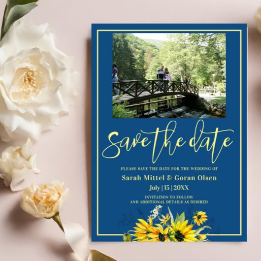 Klassieke Blauwe Zonnebloem Sparen de datum Uitnod Kaart