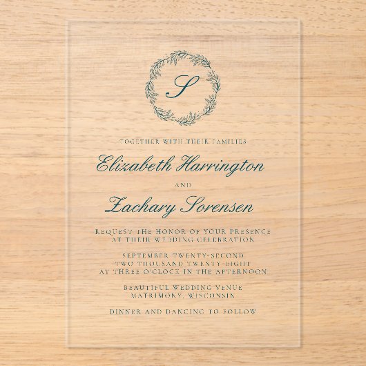 Klassieke Blauwgroen Blue Monogram Krans Script We Acryl Uitnodigingen (Voorkant)