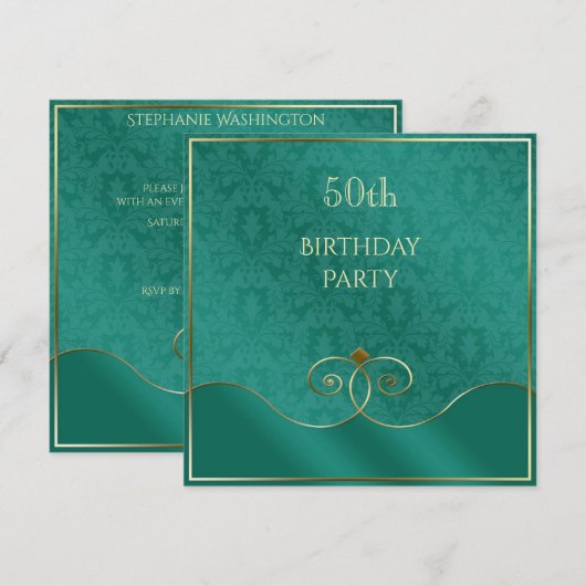 Klassieke Blauwgroen & Gouden Wervels, Damask 50st Kaart (Voorkant / Achterkant)