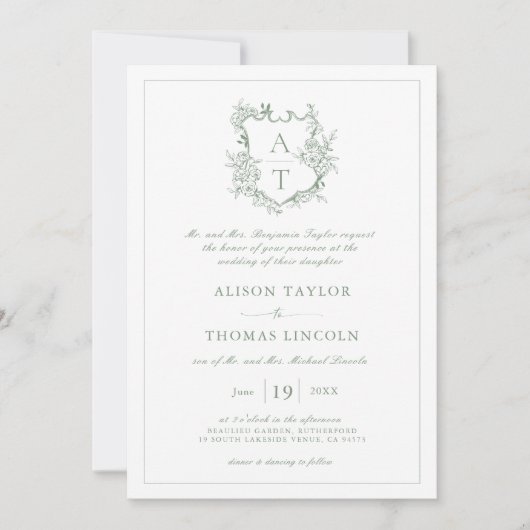 Klassieke Bloemen Crest Sage Groene Bruiloft Uitno Kaart (Voorkant)