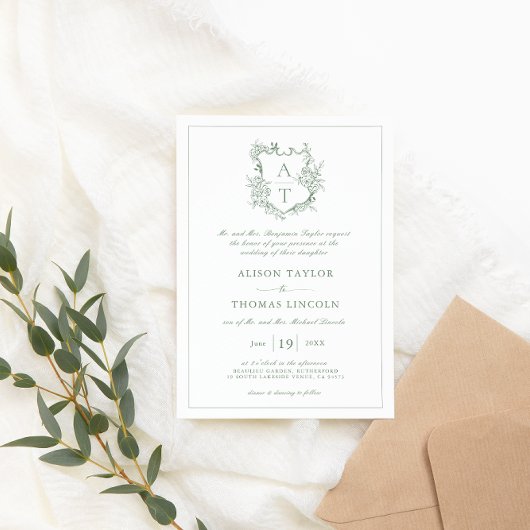 Klassieke Bloemen Crest Sage Groene Bruiloft Uitno Kaart