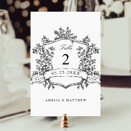 Klassieke Bloemen Crest Zwart & Wit Huwelijk Kaart