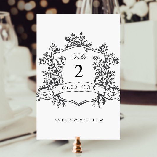 Klassieke Bloemen Crest Zwart & Wit Huwelijk Kaart