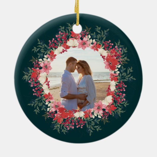 Klassieke Bloemen Kerst Botanische 2 Foto Keramisch Ornament (Achterkant)