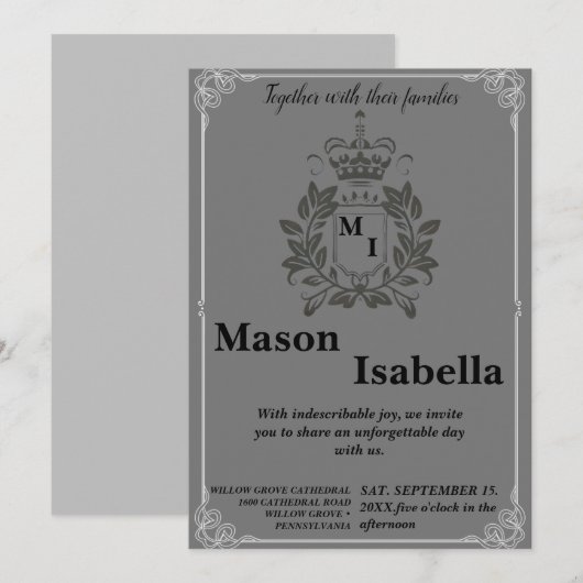 Klassieke Bloemen Monogram Crest Bruiloft Kaart (Voorkant / Achterkant)