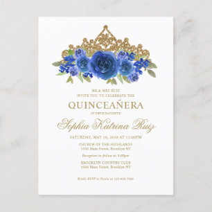 Klassieke Bloemen Royal Blue Gold Tiara Quinceañer Briefkaart