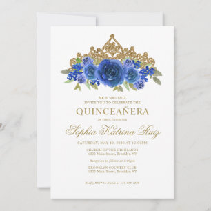 Klassieke Bloemen Royal Blue Gold Tiara Quinceañer Kaart