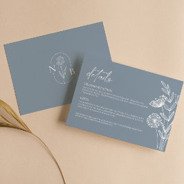 Klassieke Bloemen Stoffige Blauwe Bruiloft Minimal Informatiekaartje