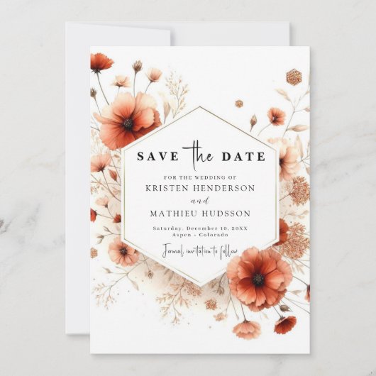 Klassieke Bloemen Terracotta bruiloft Save The Date (Voorkant)