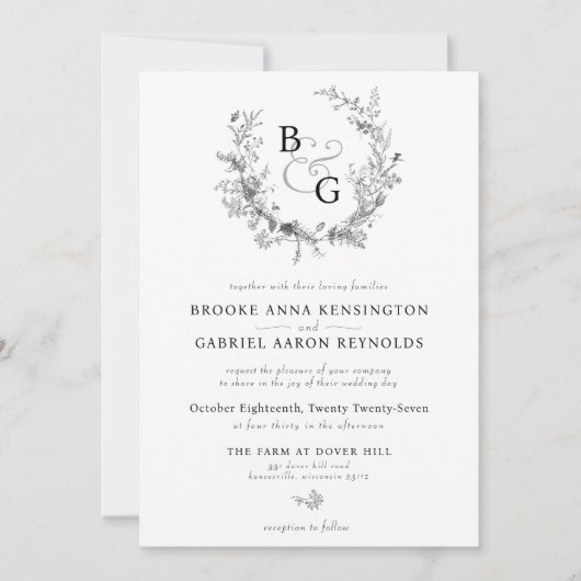 Klassieke  Bloemenkam Monogram Huwelijk Kaart (Voorkant)