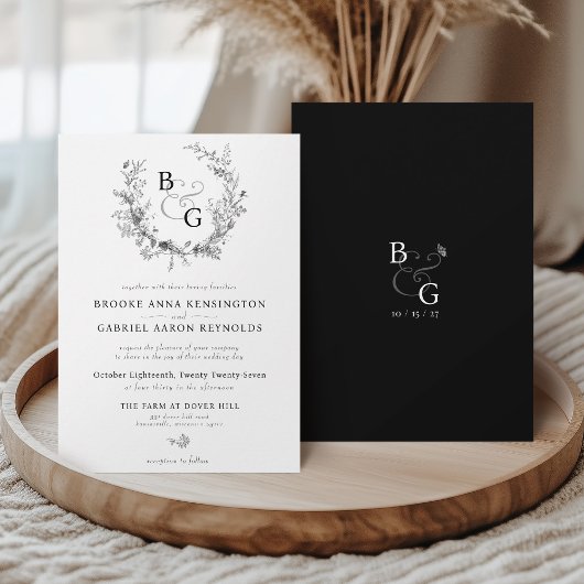 Klassieke  Bloemenkam Monogram Huwelijk Kaart