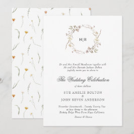 Klassieke bloemenkrans monogram achternaam bruilof kaart