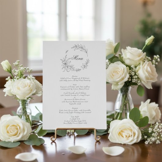 Klassieke bloemenkrans monogram bruiloft menu