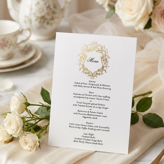 Klassieke bloemenkrans monogram bruiloft menu