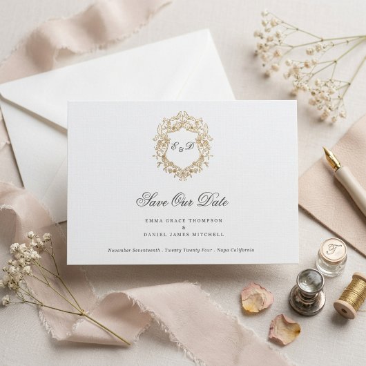 Klassieke bloemenkrans monogram bruiloft save the date