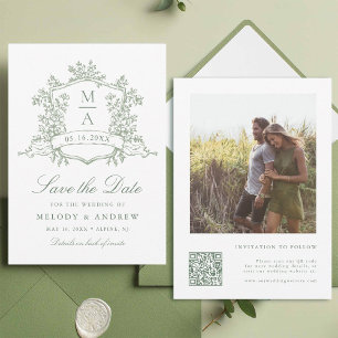 Klassieke bloemenkroon saliegroene trouwfoto save the date