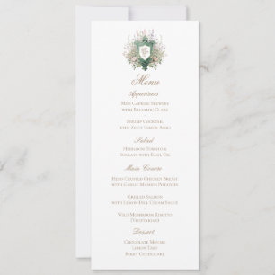 Klassieke bloemige monogram wapenschild trouwmenu save the date