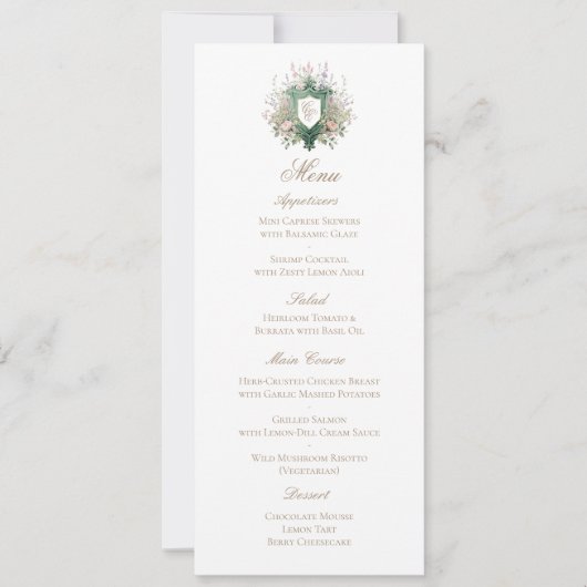 Klassieke bloemige monogram wapenschild trouwmenu  save the date (Voorkant)